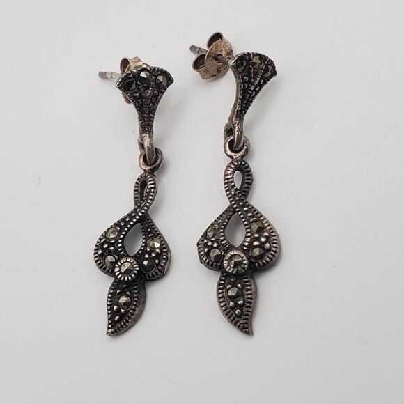 Lot of 3 Sterling Silver Marcasite Dangle Earrings Pierced - Picture 12 of 16